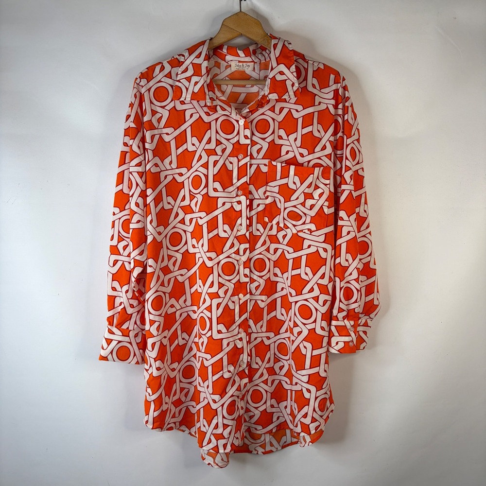 Jolie & Joy Button Down Tunic Womens 2X Orange Geometric Chain Link Long Sleeve